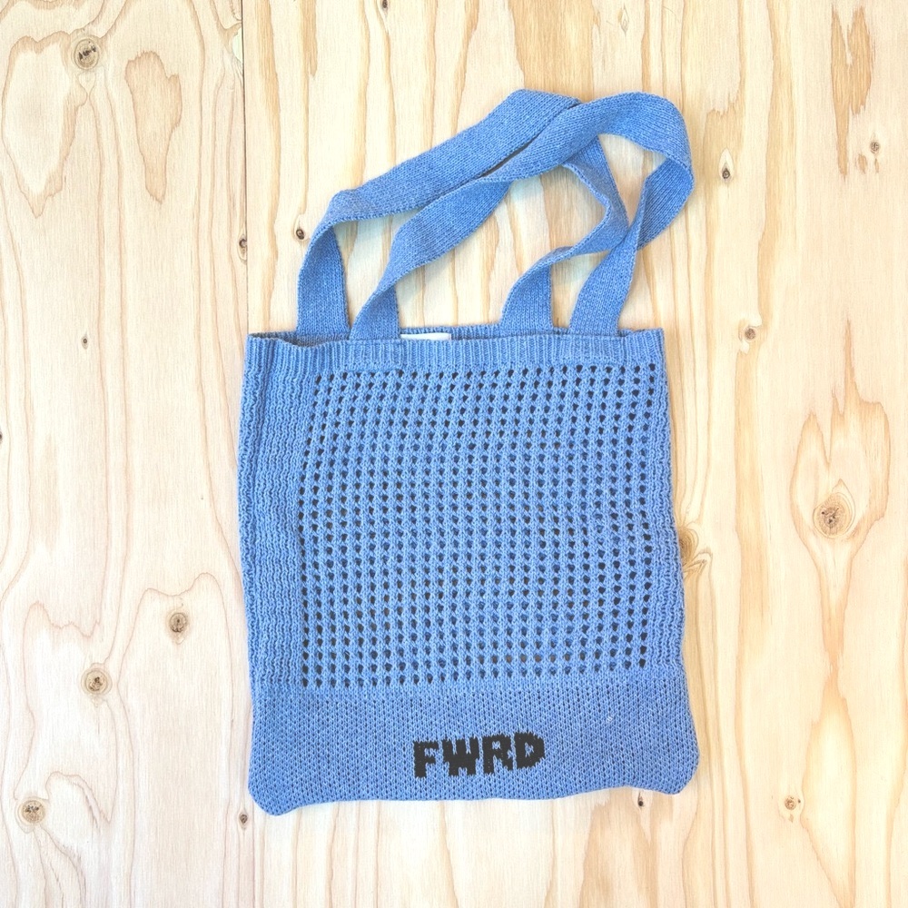 fwrd knit perforated tote - soft blue crochet bag with grid pattern - like new